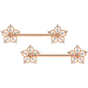 14 Gauge 9/16 Clear CZ Gem Rose Gold Tone Airy Flower Nipple Ring Set