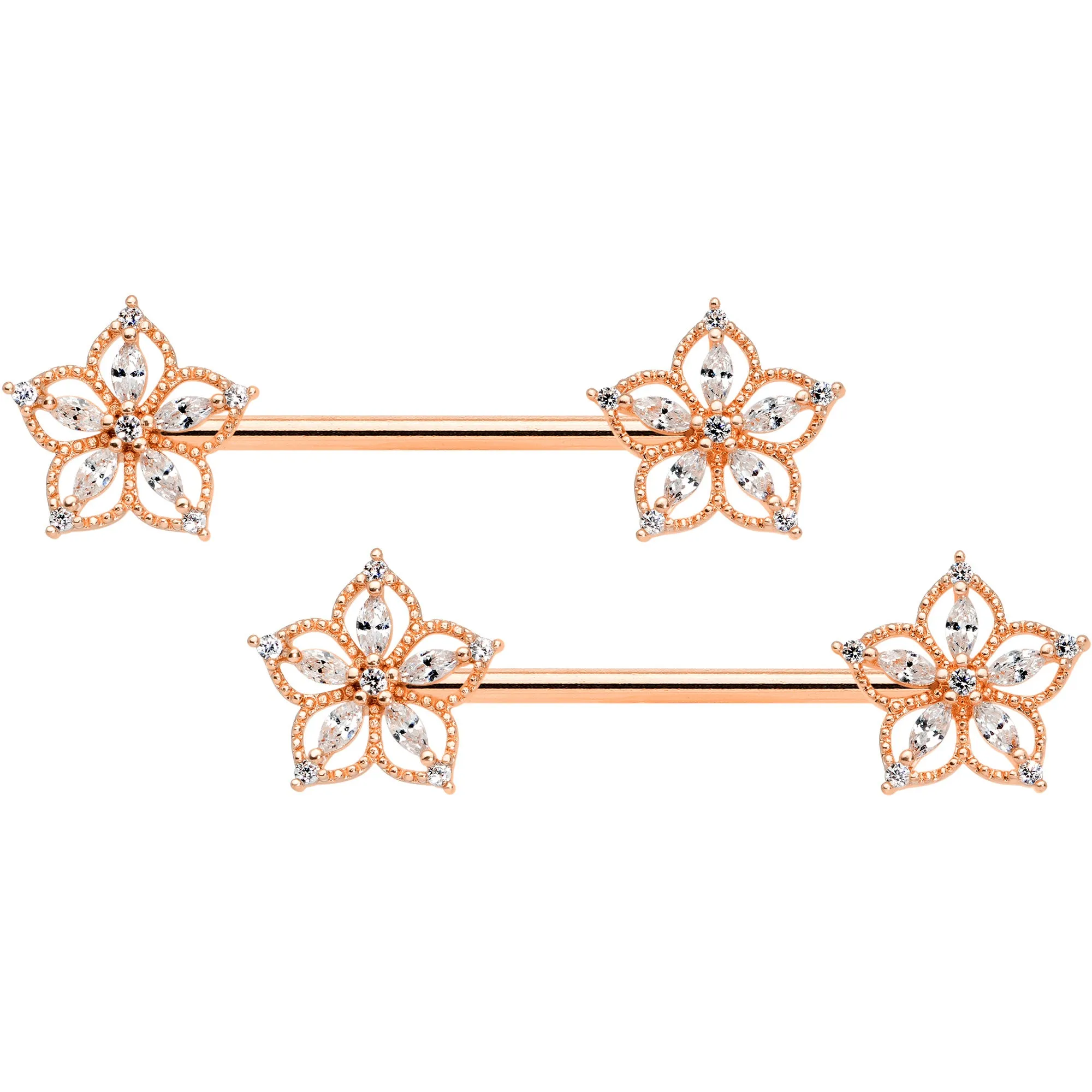 14 Gauge 9/16 Clear CZ Gem Rose Gold Tone Airy Flower Nipple Ring Set