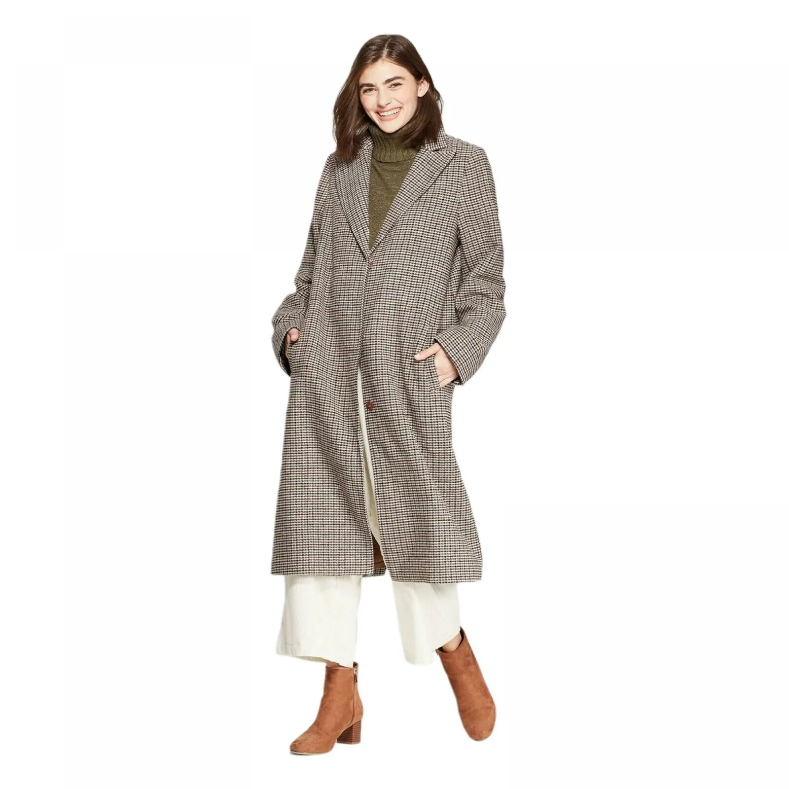 A New Day Women's Plaid Single Breasted Top Coat Brown Medium