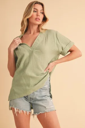 Aemi   Co Side Slit V-Neck Short Sleeve Blouse