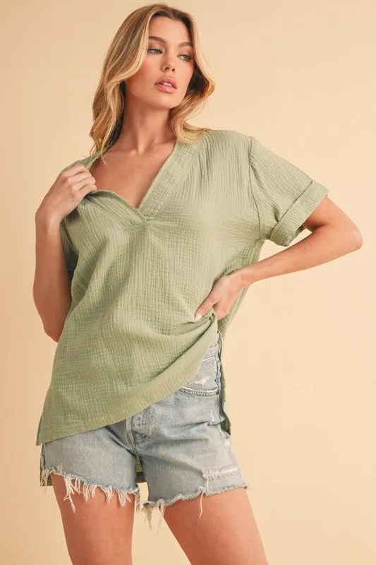 Aemi   Co Side Slit V-Neck Short Sleeve Blouse