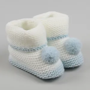 Blue Baby Booties with pom poms Newborn to 6 months