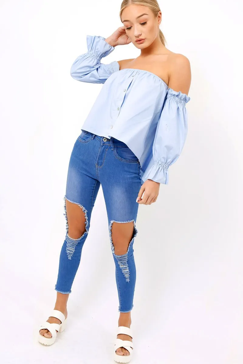 Blue Button Up Bardot Crop Top - LuLu