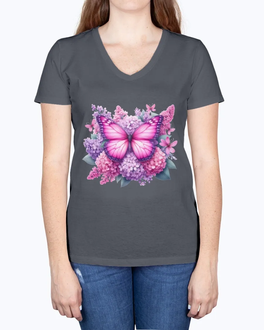 Butterfly flowers-pink - Ladies V-neck T-Shirt