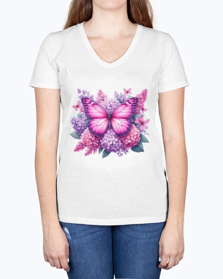 Butterfly flowers-pink - Ladies V-neck T-Shirt