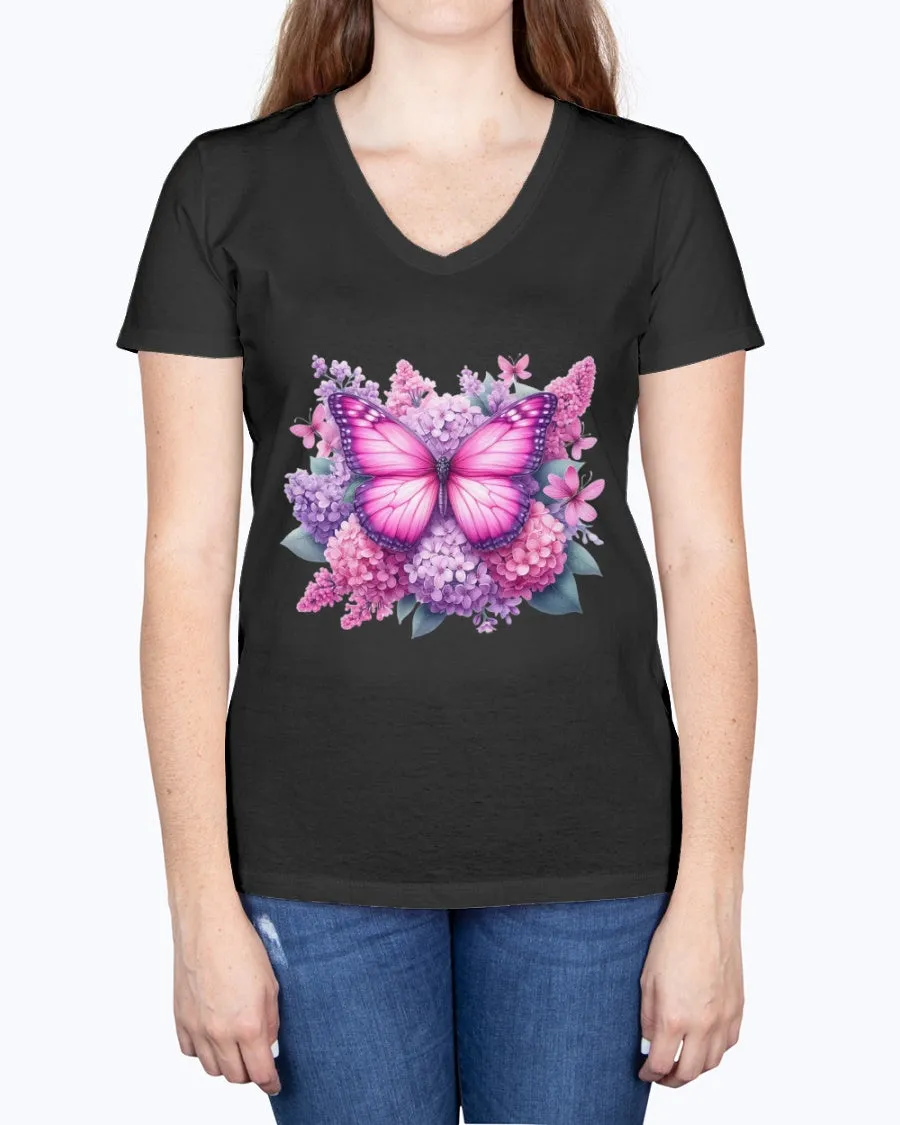 Butterfly flowers-pink - Ladies V-neck T-Shirt