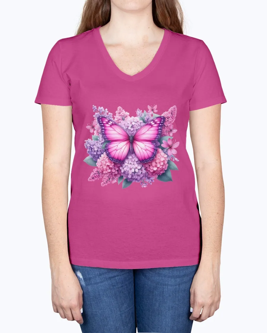 Butterfly flowers-pink - Ladies V-neck T-Shirt