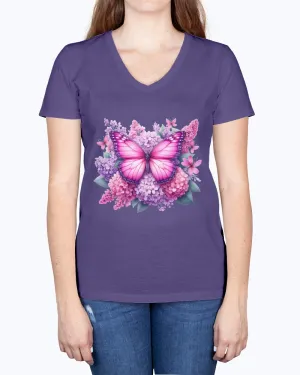 Butterfly flowers-pink - Ladies V-neck T-Shirt