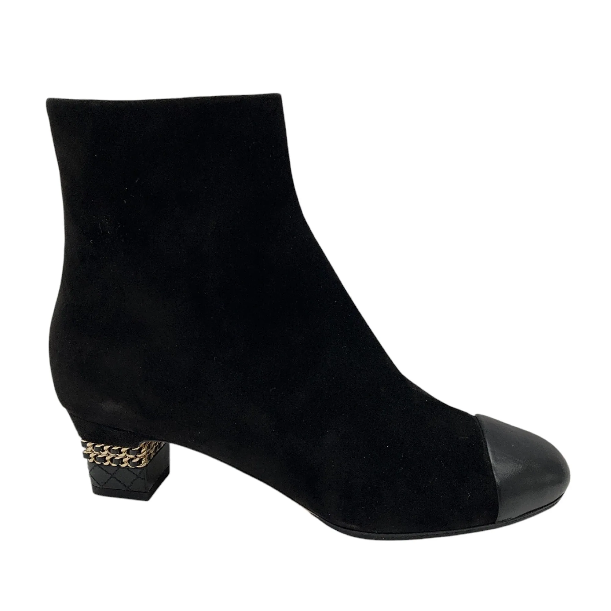 Chanel Black / Gold CC Logo Chain Heel Cap Toe Suede Boots