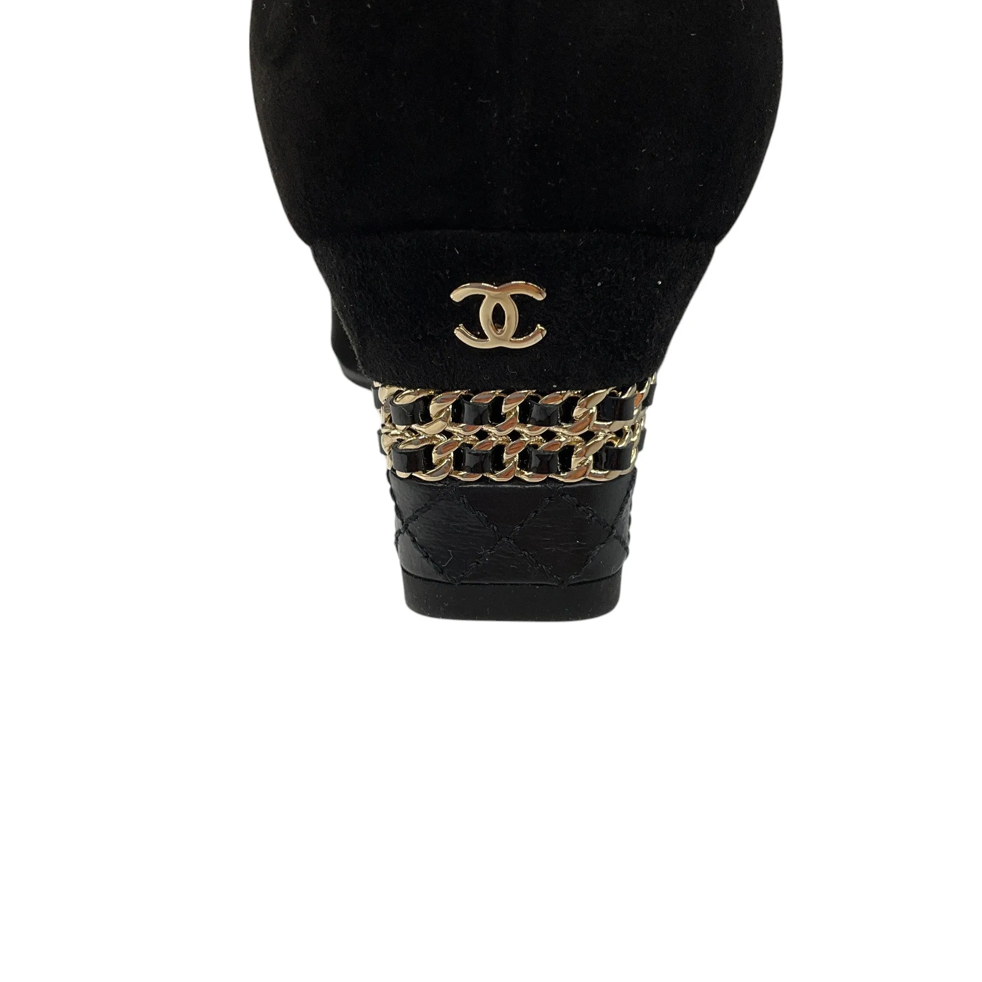 Chanel Black / Gold CC Logo Chain Heel Cap Toe Suede Boots