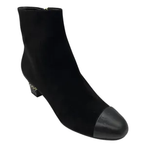 Chanel Black / Gold CC Logo Chain Heel Cap Toe Suede Boots