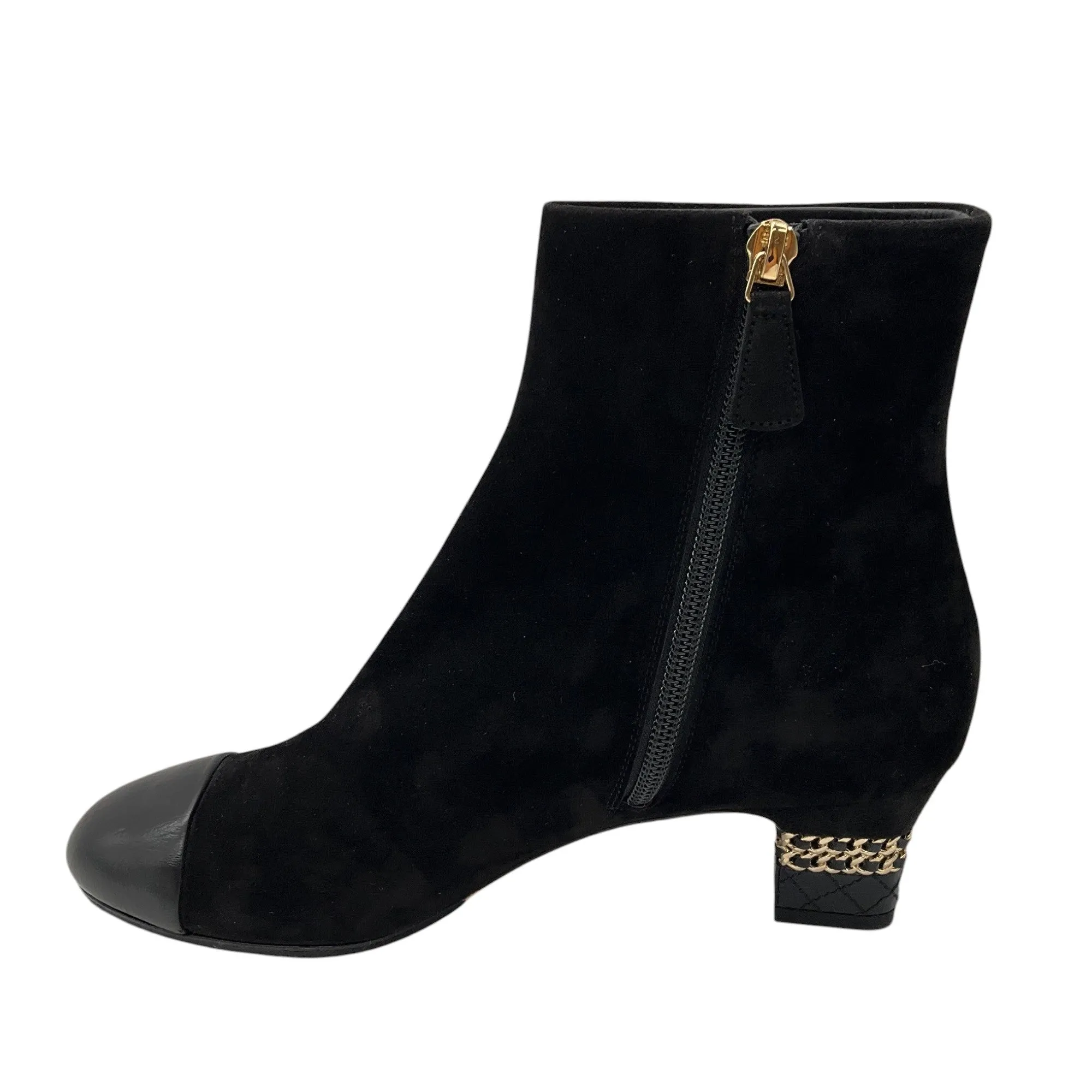 Chanel Black / Gold CC Logo Chain Heel Cap Toe Suede Boots