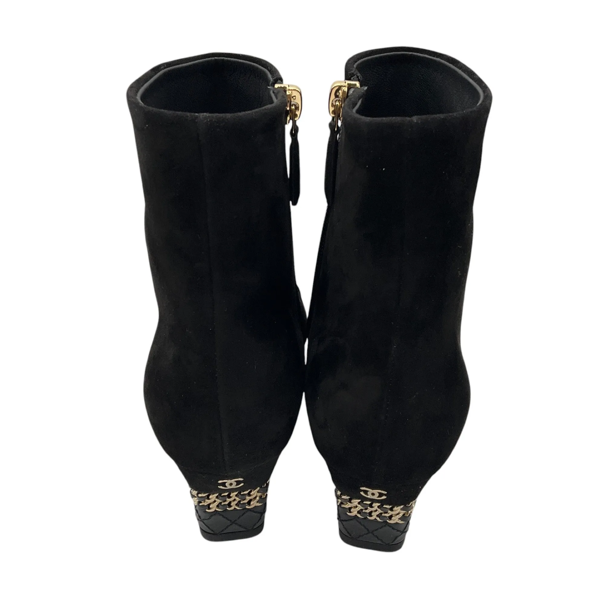 Chanel Black / Gold CC Logo Chain Heel Cap Toe Suede Boots