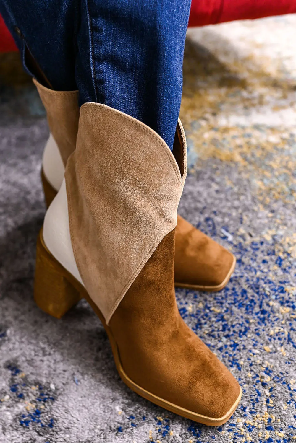Chestnut Colorblock Suede Heeled Ankle Booties