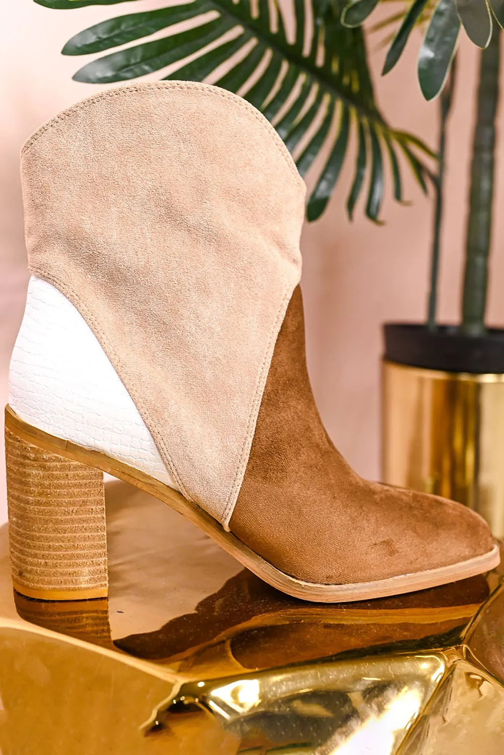Chestnut Colorblock Suede Heeled Ankle Booties