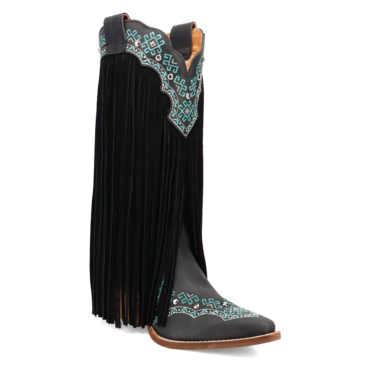 Dingo Women's Tequila Sunrise Black Suede Snip Toe Western Boots with Fringe & Turquoise Stitching