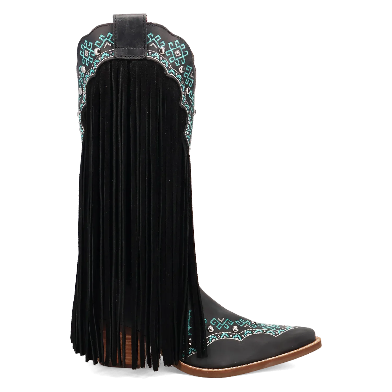 Dingo Women's Tequila Sunrise Black Suede Snip Toe Western Boots with Fringe & Turquoise Stitching