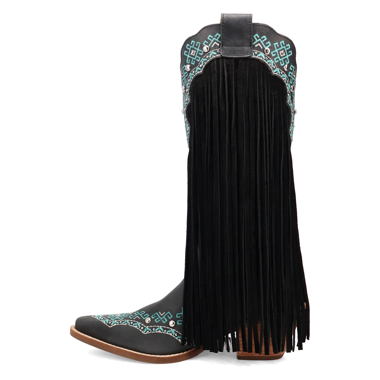 Dingo Women's Tequila Sunrise Black Suede Snip Toe Western Boots with Fringe & Turquoise Stitching