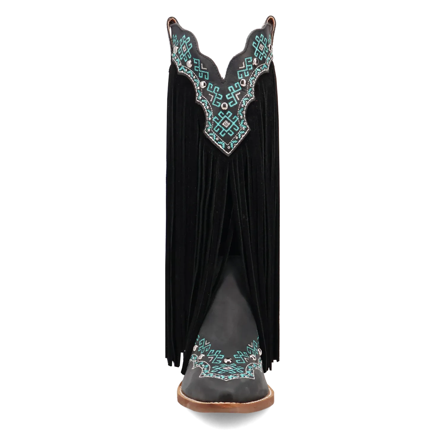 Dingo Women's Tequila Sunrise Black Suede Snip Toe Western Boots with Fringe & Turquoise Stitching