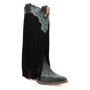 Dingo Women's Tequila Sunrise Black Suede Snip Toe Western Boots with Fringe & Turquoise Stitching