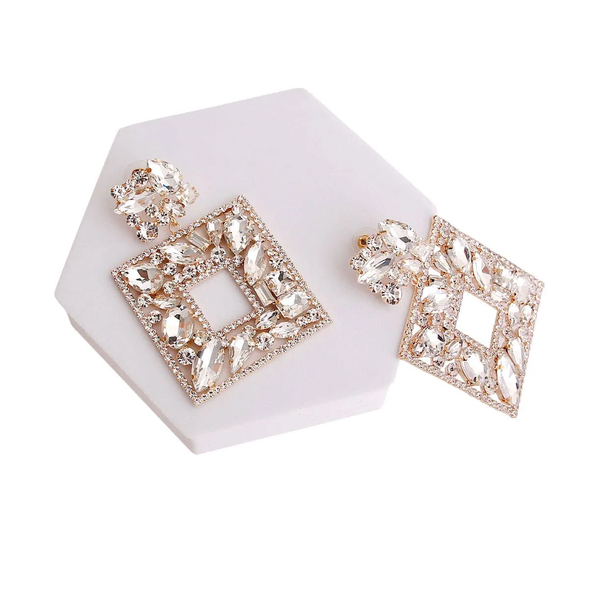 Elegant Crystal Square Earrings: Color / 3 inches Silver