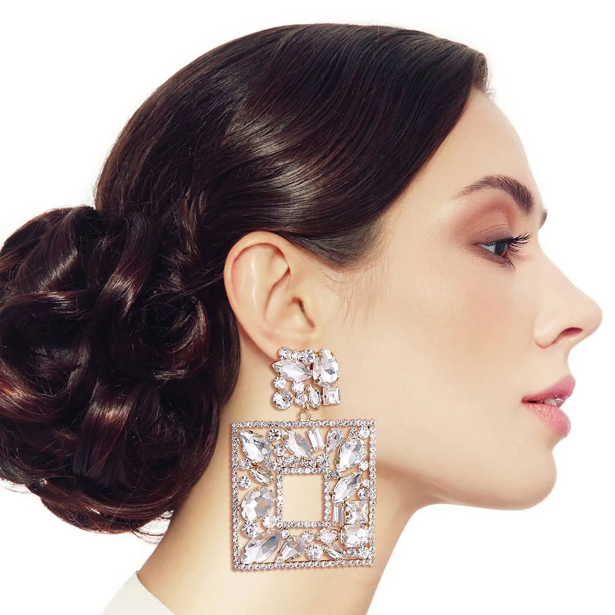 Elegant Crystal Square Earrings: Color / 3 inches Silver
