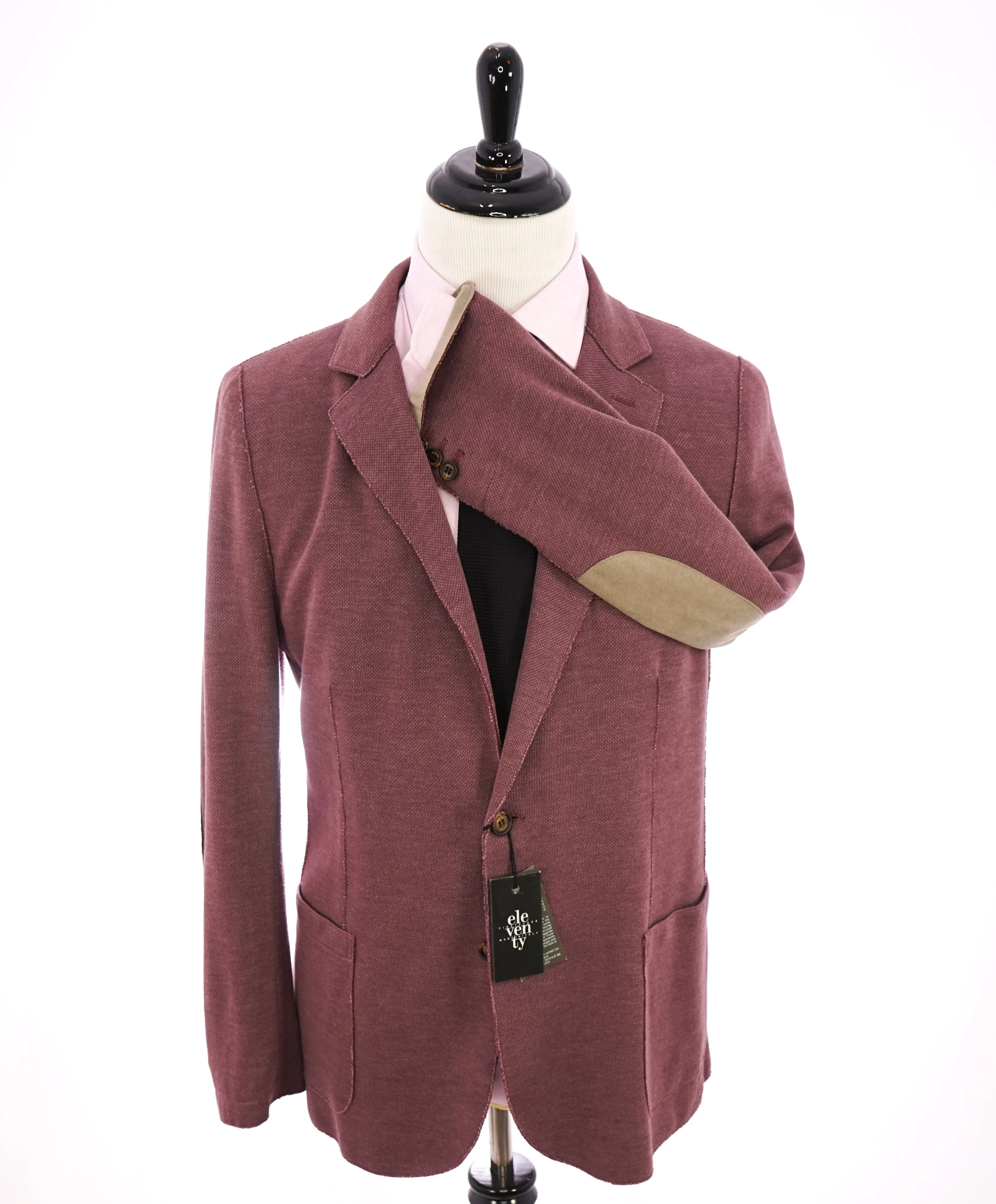 ELEVENTY - Cotton Pique Burgundy LEATHER SUEDE "Bruenllo Style" Blazer - 44R