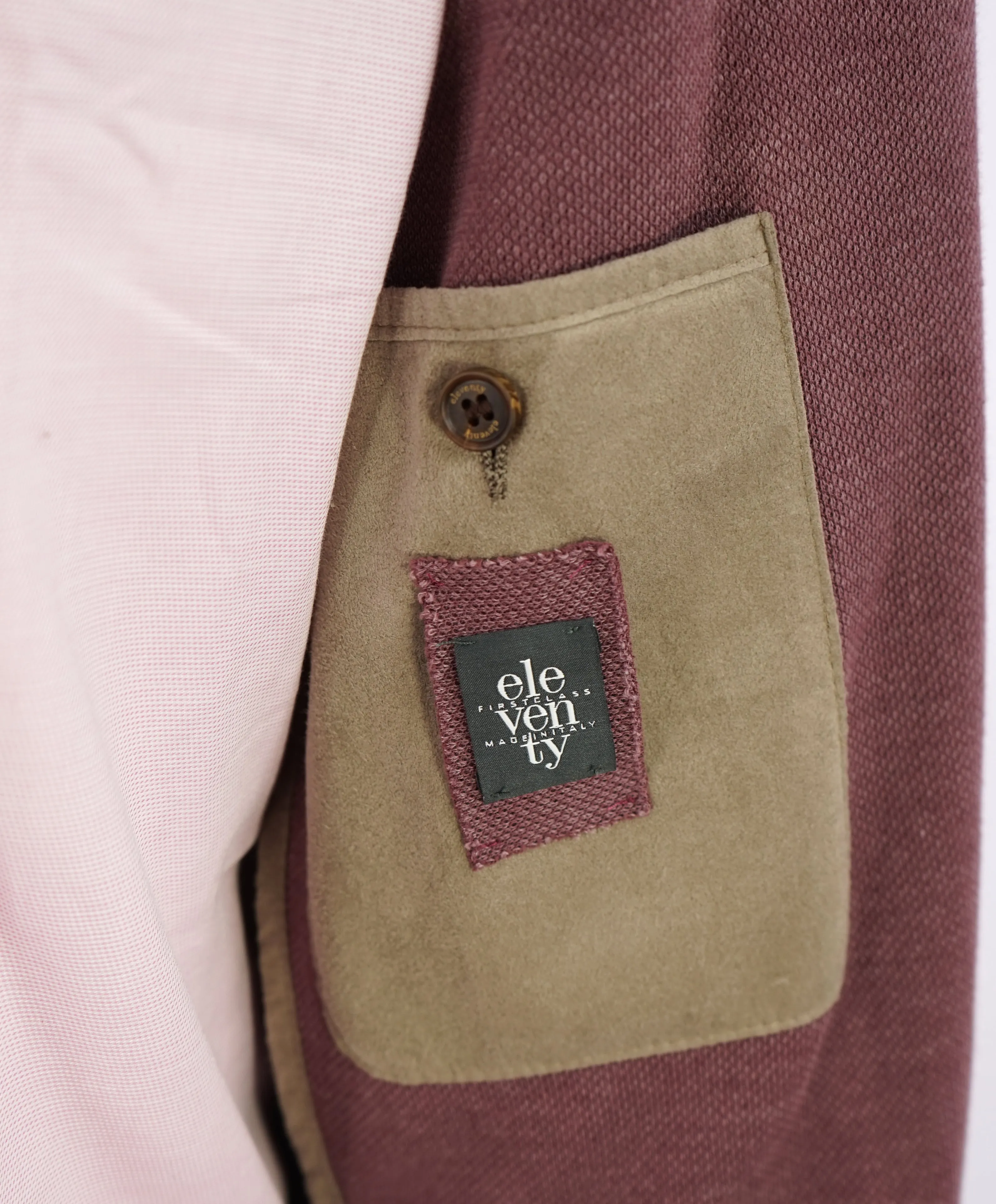 ELEVENTY - Cotton Pique Burgundy LEATHER SUEDE "Bruenllo Style" Blazer - 44R