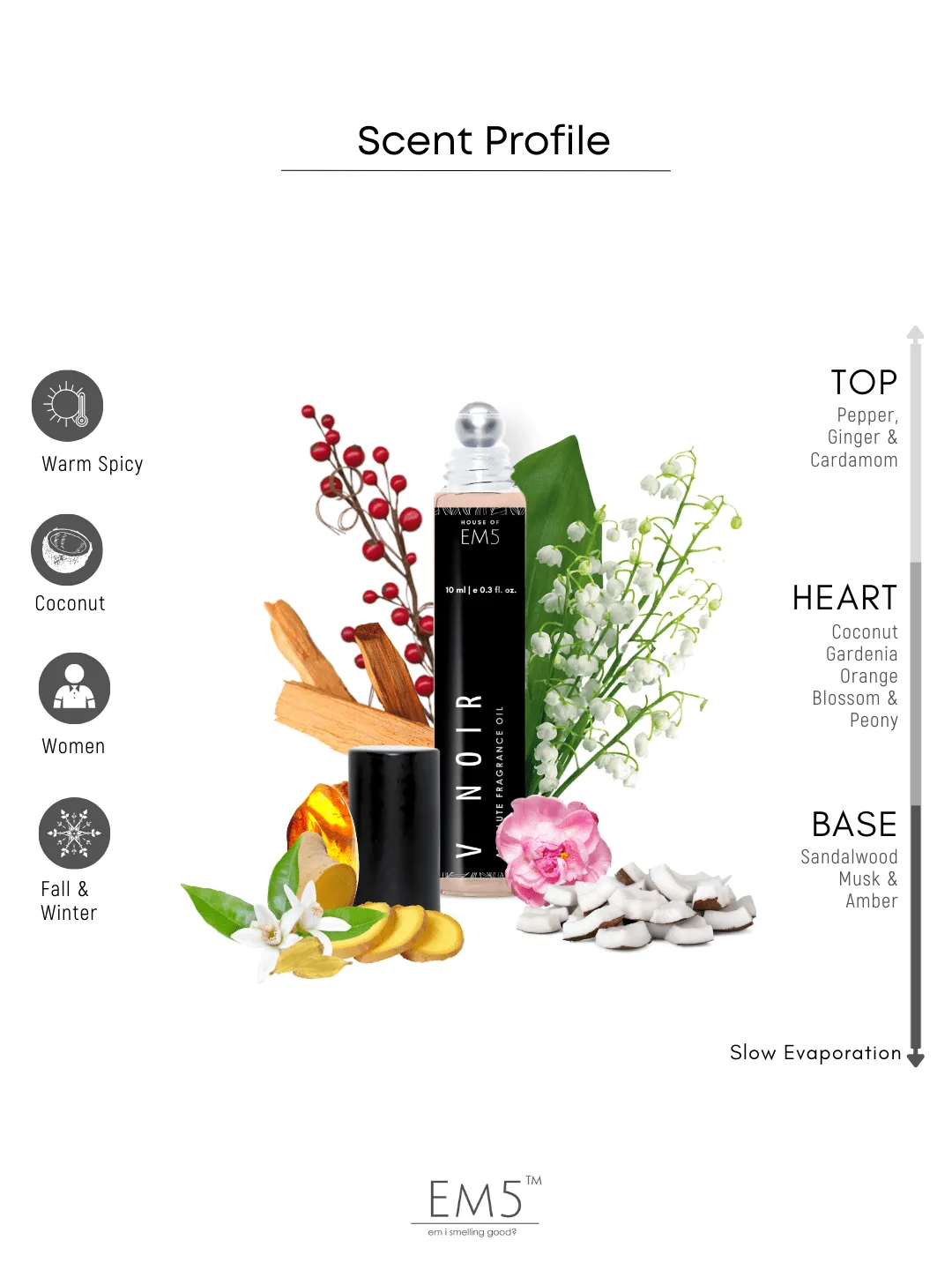 EM5™ V Noir Perfume Oil Roll On (Attar) 90% Concentrate Non-Alcoholic for Men and Women, Strong and Long Lasting | Warm Spicy Coconut White Floral Fragrance Perfume Oil | 10ml Roll-On Easy to Carry and Travel Friendly
