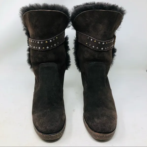 Emu Brown Sheepskin Suede Fur Lined Wedge Boots
