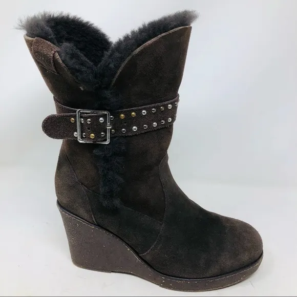 Emu Brown Sheepskin Suede Fur Lined Wedge Boots