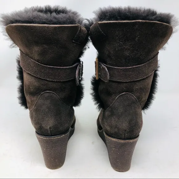 Emu Brown Sheepskin Suede Fur Lined Wedge Boots