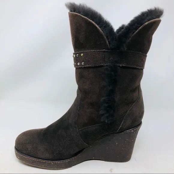 Emu Brown Sheepskin Suede Fur Lined Wedge Boots