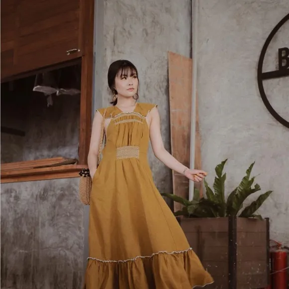 Free People Anika MIDI Dress Linen/ Cotton Yellow Gold Size XS