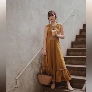 Free People Anika MIDI Dress Linen/ Cotton Yellow Gold Size XS