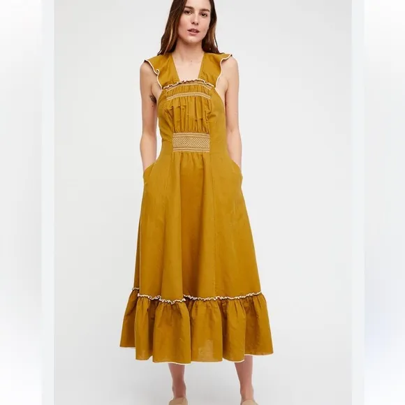 Free People Anika MIDI Dress Linen/ Cotton Yellow Gold Size XS