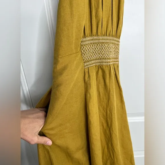 Free People Anika MIDI Dress Linen/ Cotton Yellow Gold Size XS