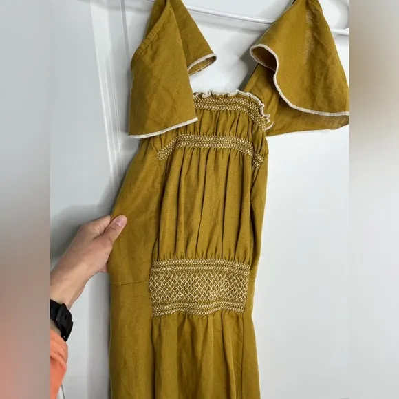 Free People Anika MIDI Dress Linen/ Cotton Yellow Gold Size XS