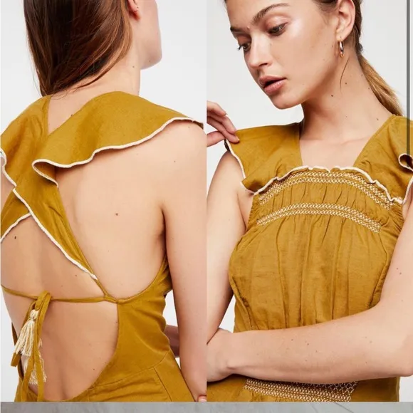 Free People Anika MIDI Dress Linen/ Cotton Yellow Gold Size XS