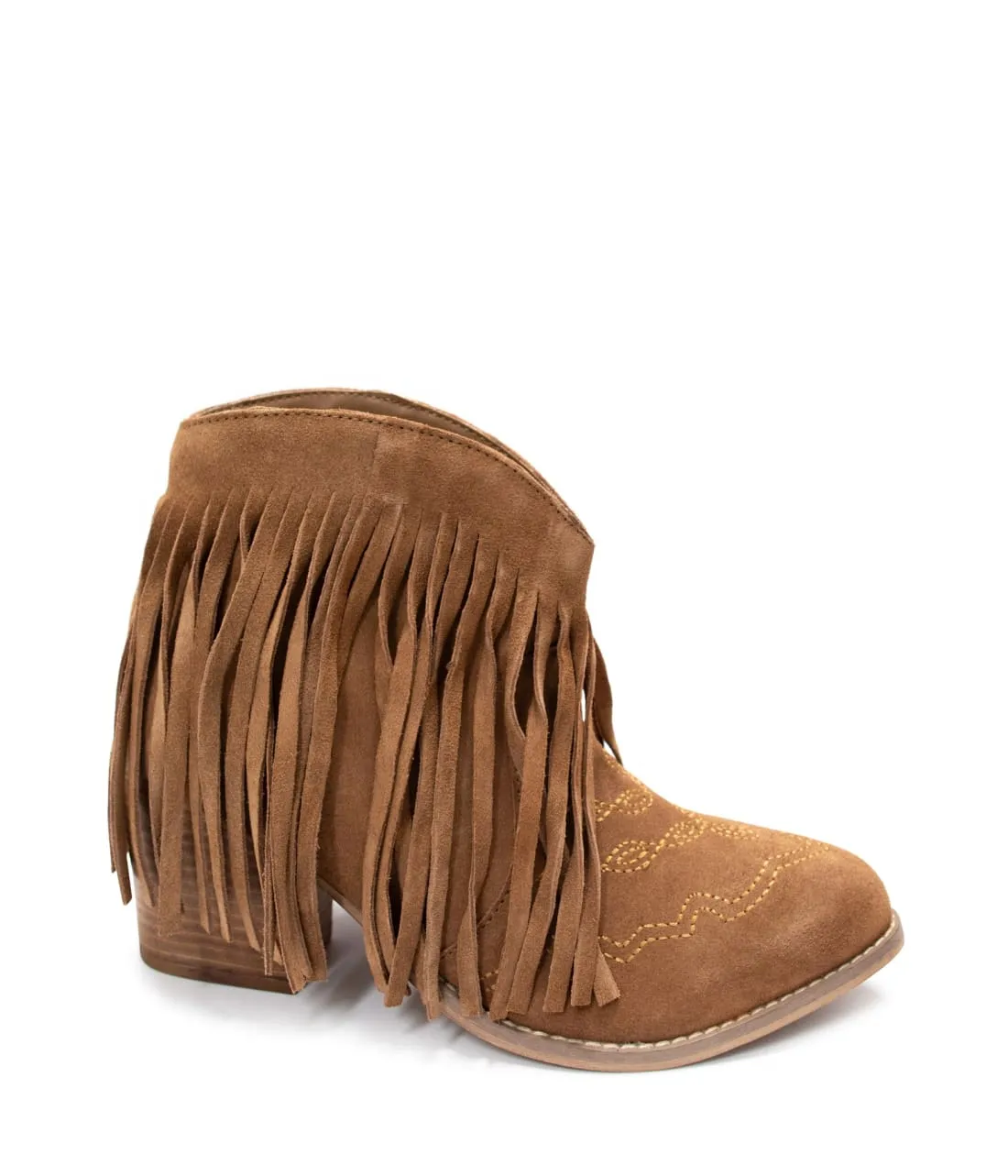 Genuine Suede Amos Fringe Ankle Bootie in Tan