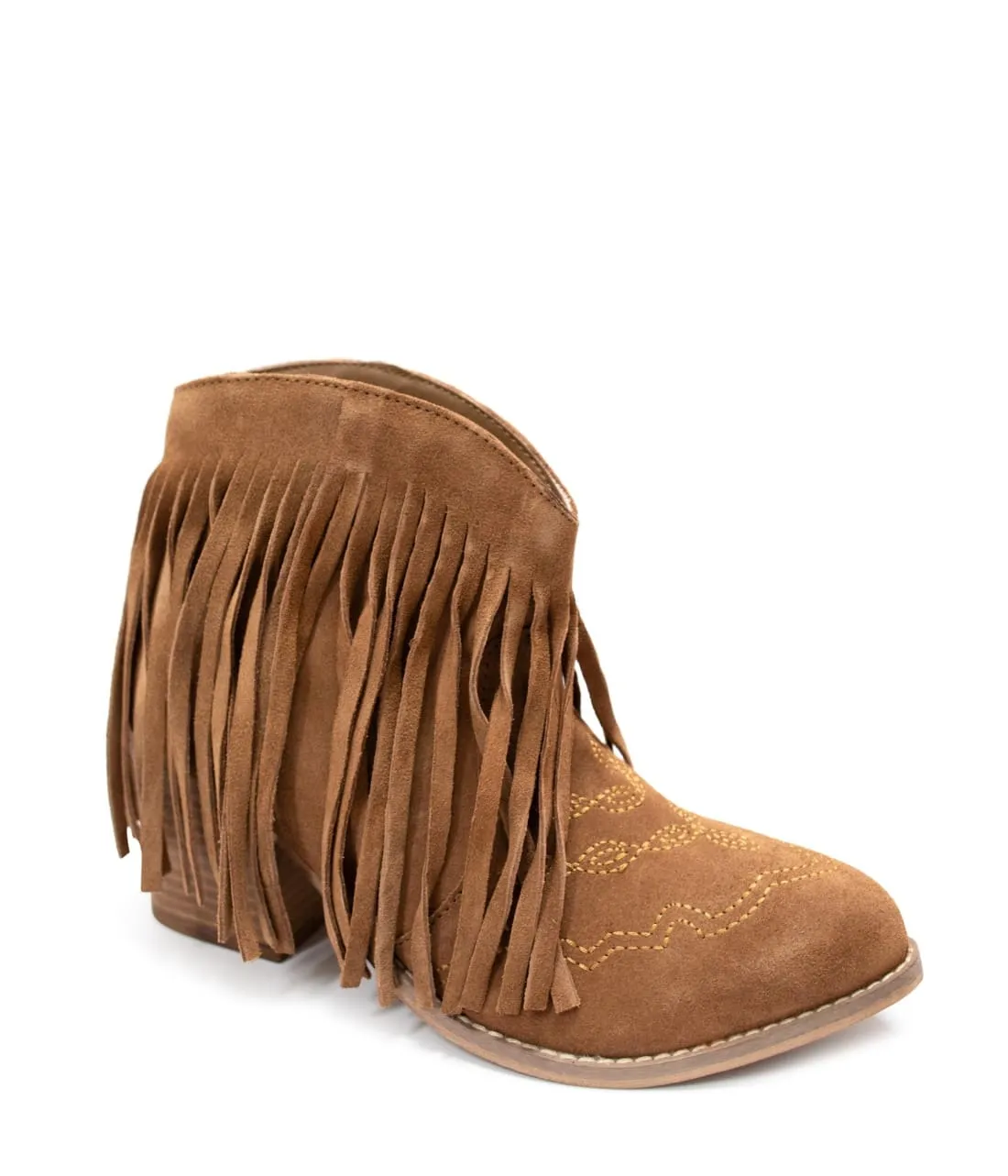 Genuine Suede Amos Fringe Ankle Bootie in Tan