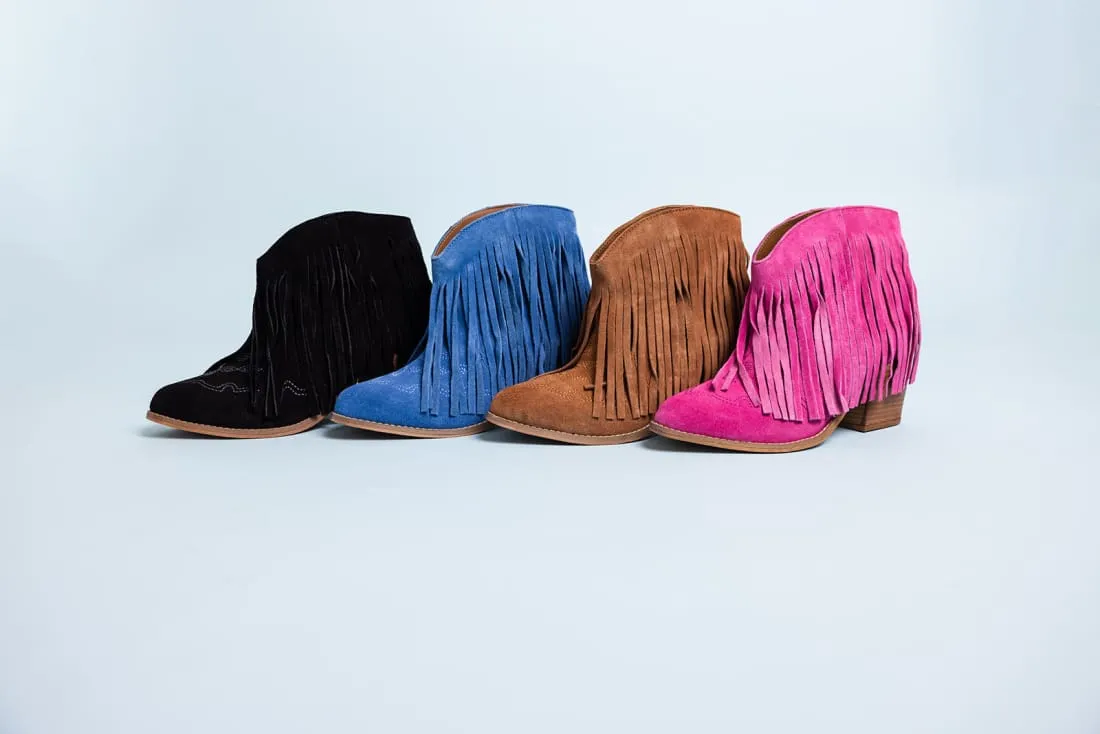 Genuine Suede Amos Fringe Ankle Bootie in Tan