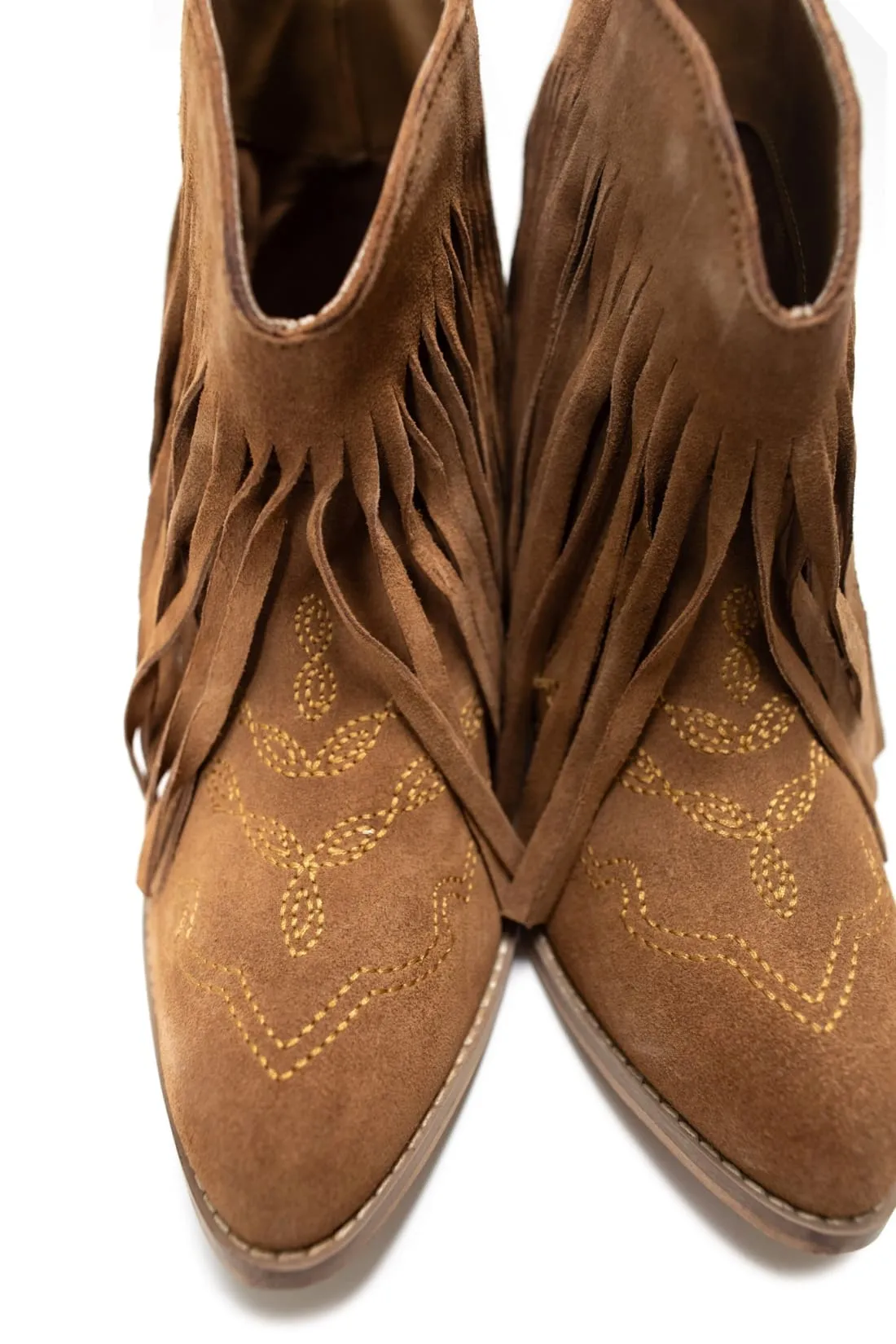 Genuine Suede Amos Fringe Ankle Bootie in Tan