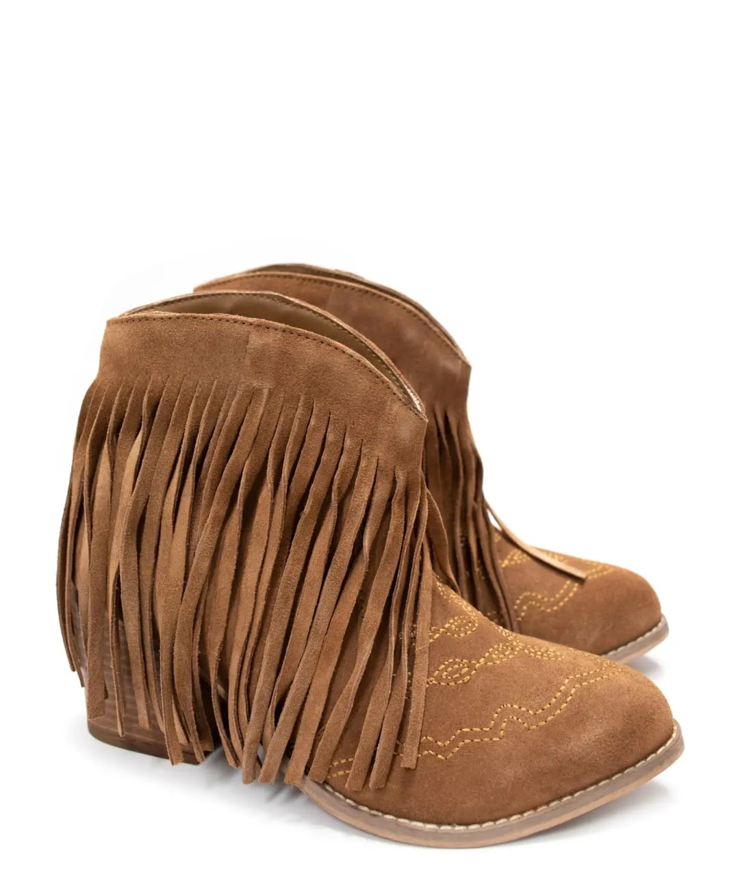Genuine Suede Amos Fringe Ankle Bootie in Tan
