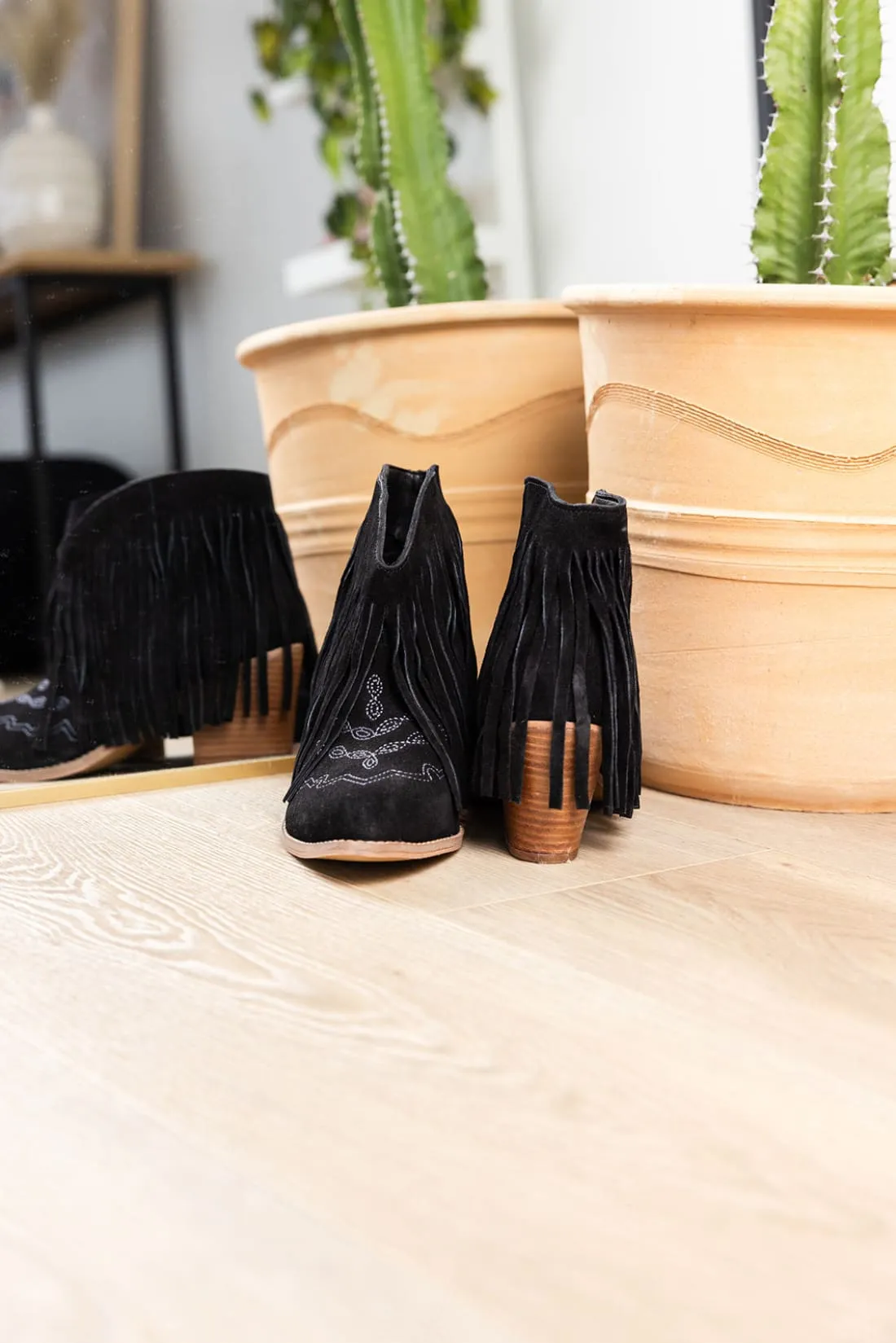 Genuine Suede Amos Fringe Ankle Bootie in Tan