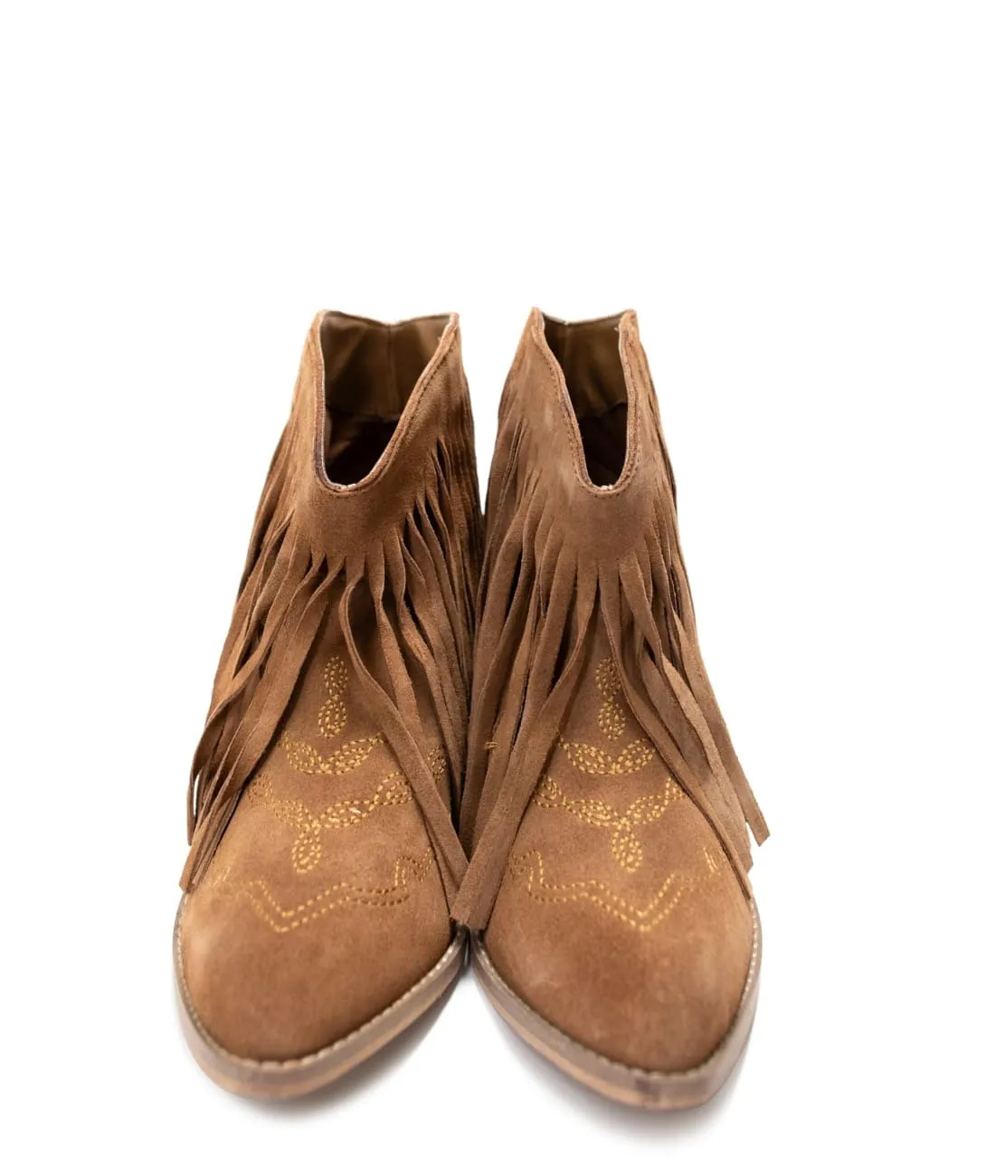 Genuine Suede Amos Fringe Ankle Bootie in Tan