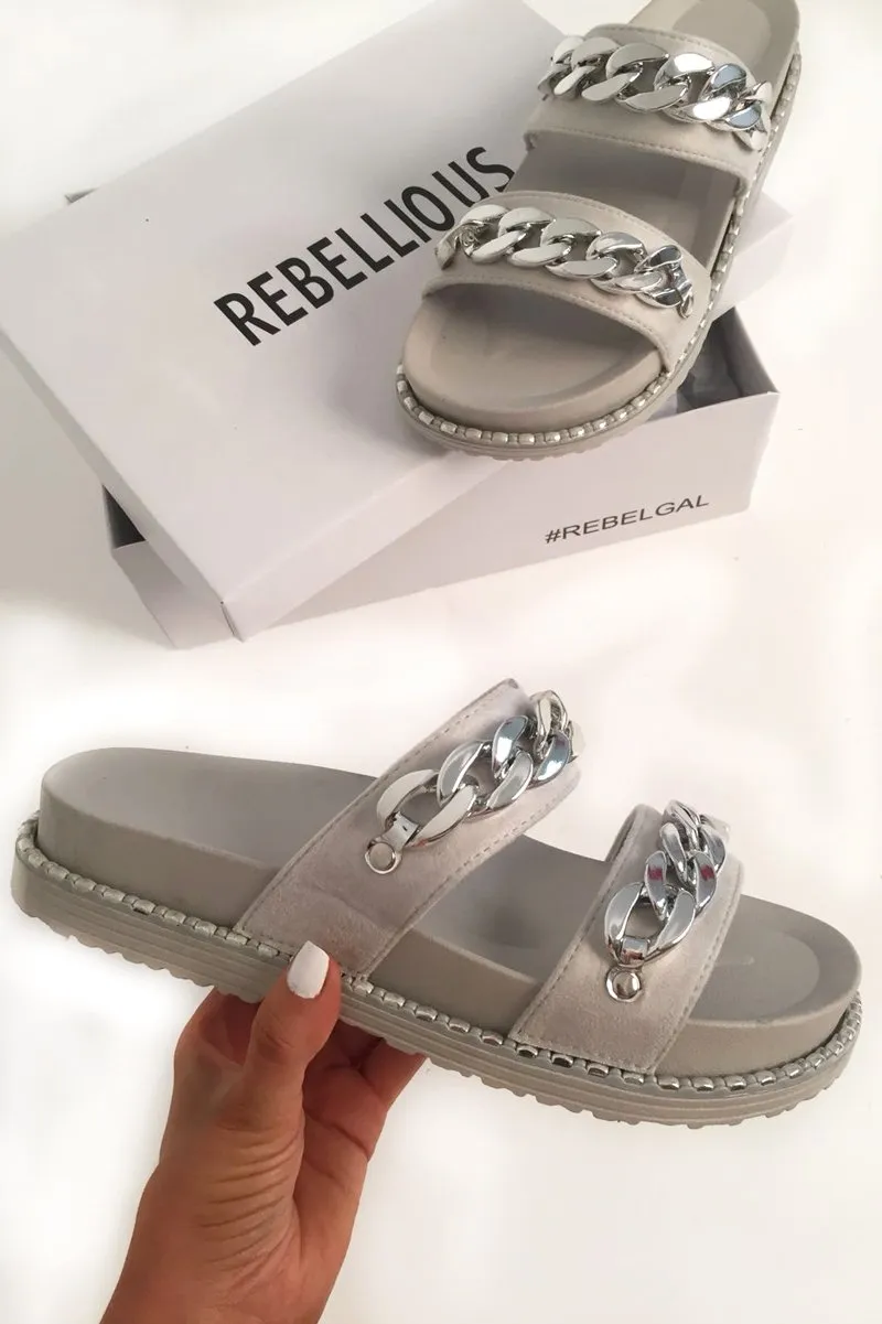 Grey Faux Suede Chain Sliders - Hinsley