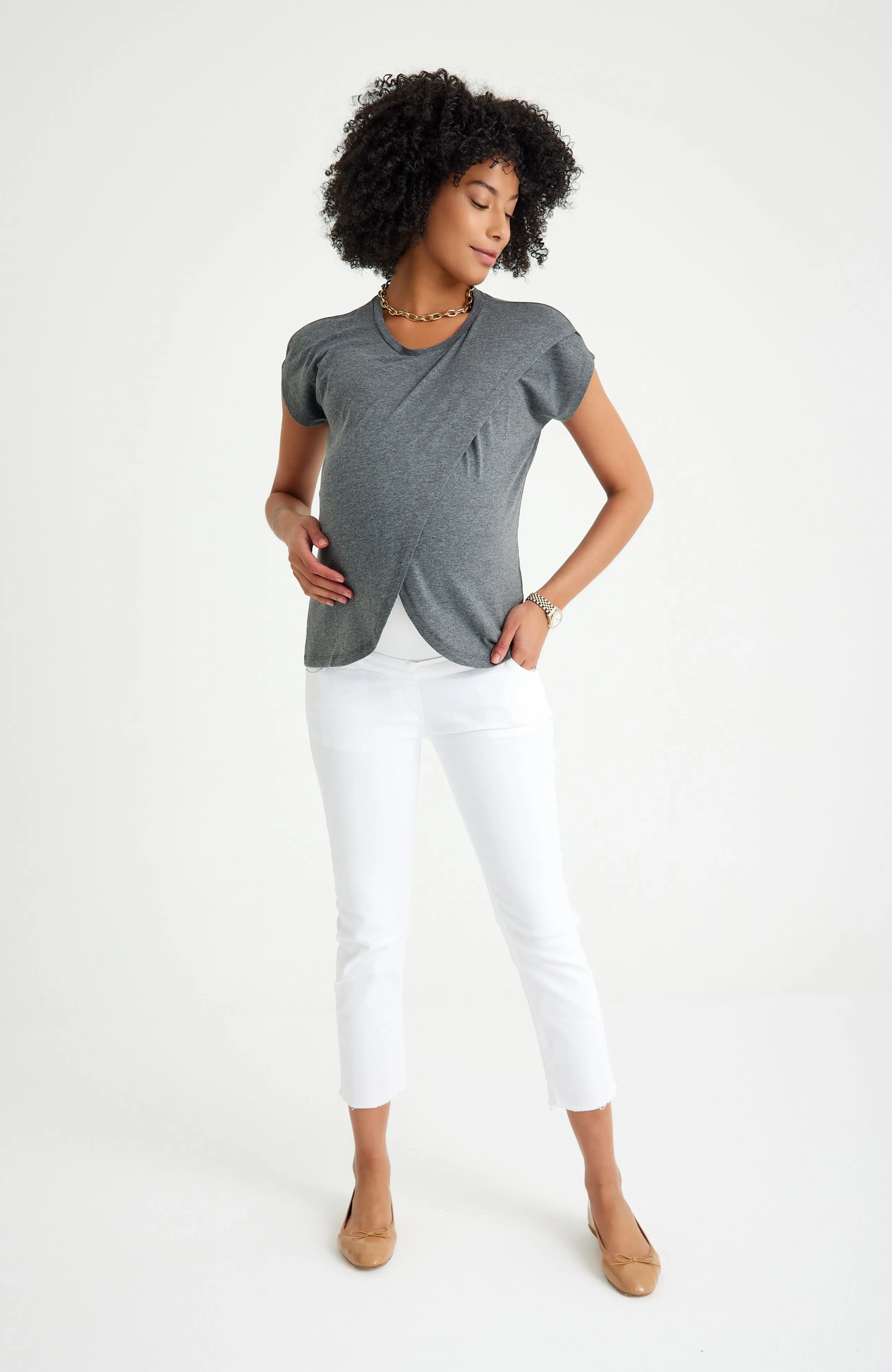 Handy Crossover Short Sleeve Cotton Maternity/Nursing Top