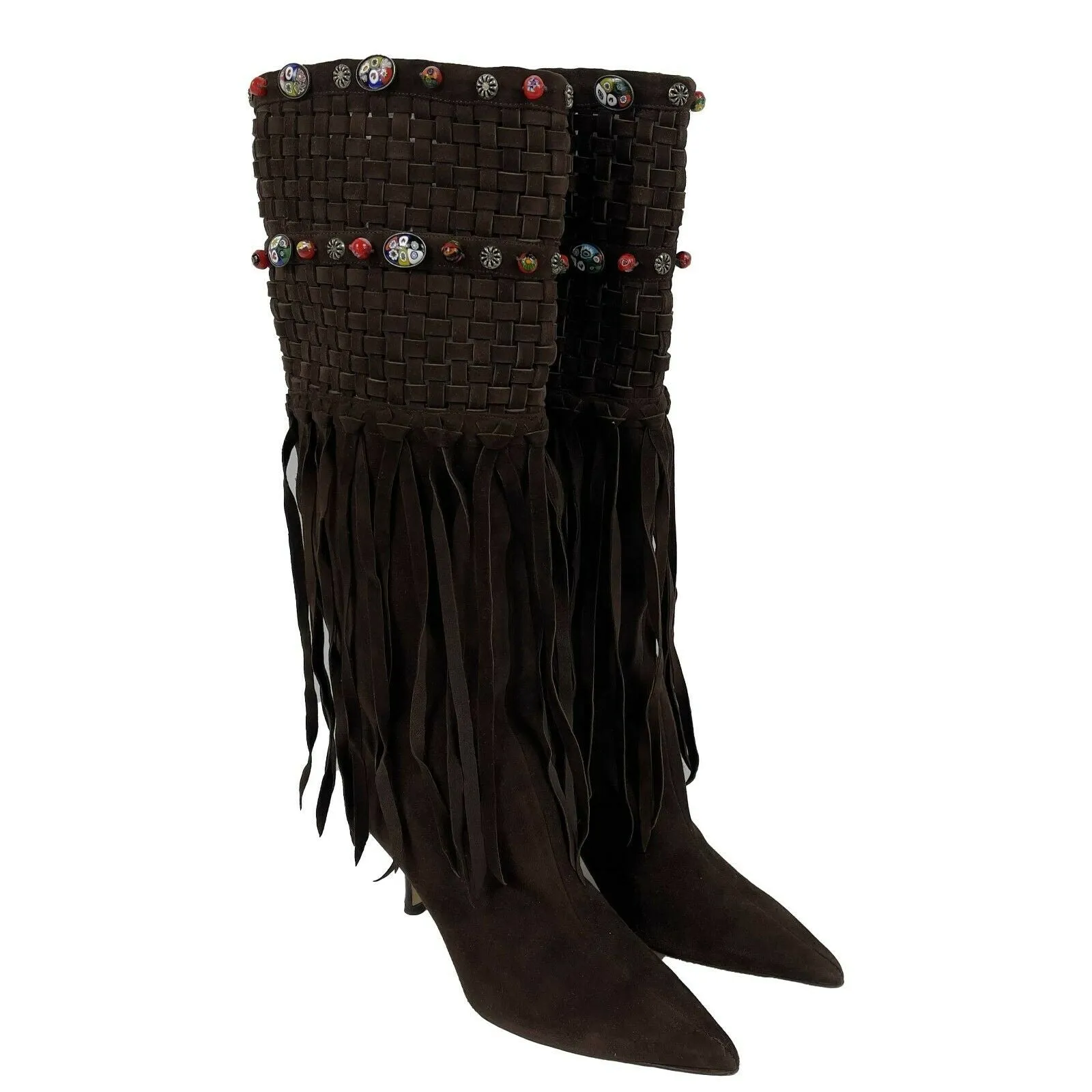 Jimmy Choo - Brown Suede Kirra Beaded Fringe Boots - Brown - 37 -US 7