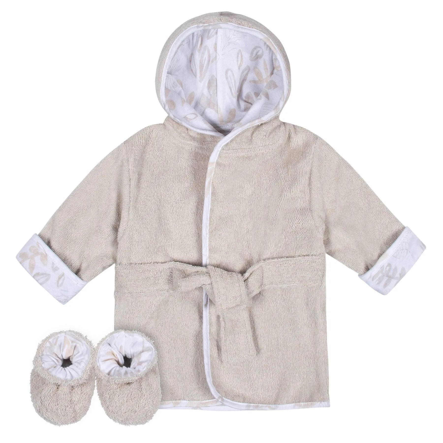Just Born 2 Piece Baby Neutral Natural Leaves Bathrobe & Booties Set